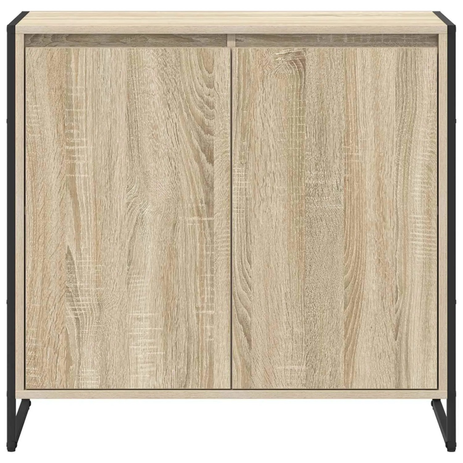 Moderner Sonoma Seitenschrank aus Holzwerkstoff mit 2 Türen und schwarzem Metallrahmen, ideal für Wohnzimmer.