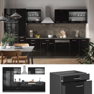 Moderne Küchenzeile Vicco R-Line in Schwarz Hochglanz/Anthrazit, 350 cm breit, mit Hochschrank.