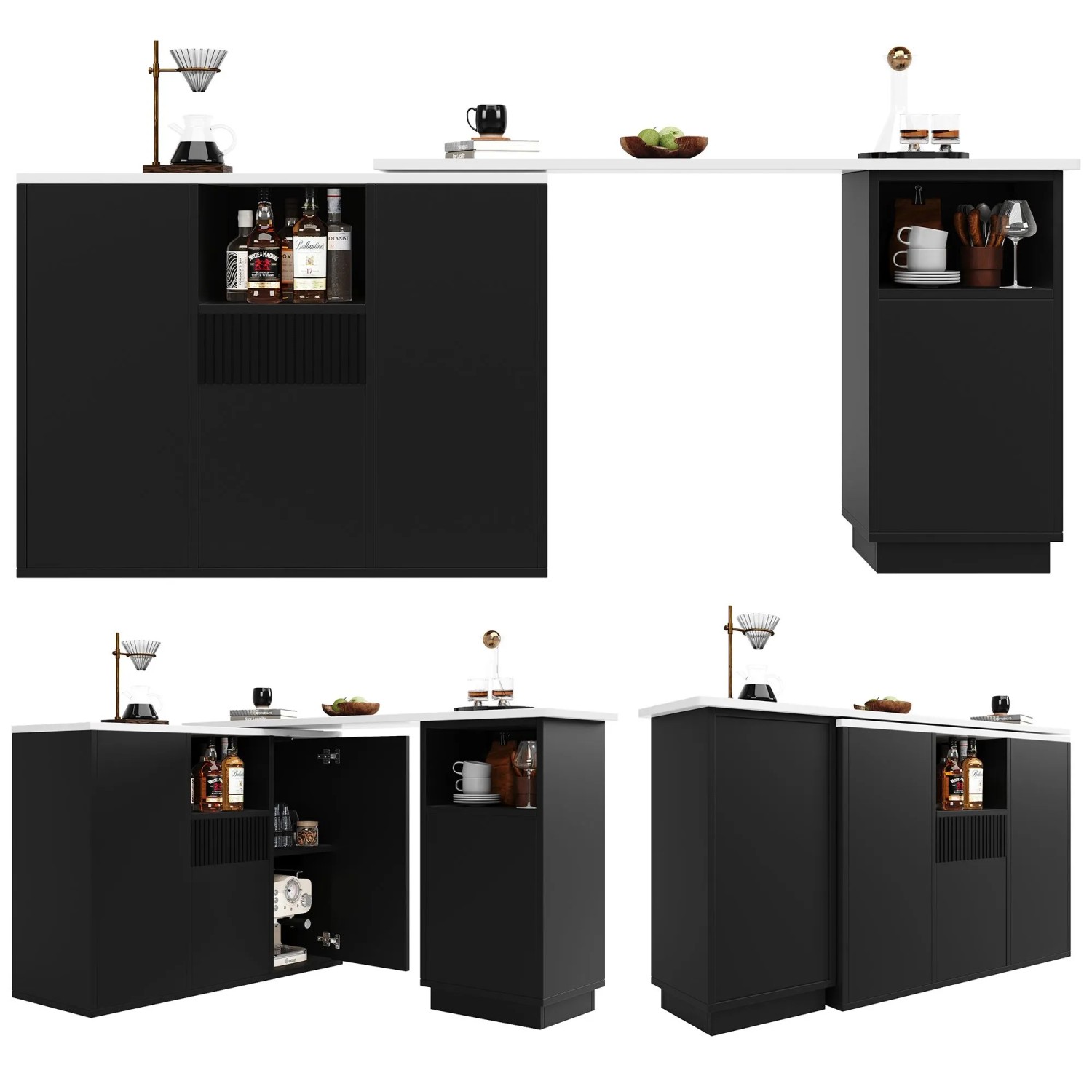 okwish Bartisch Drehbar mit Offenem Stauraum und Marmor-Arbeitsplatte 210 × 30 cm Schwarz