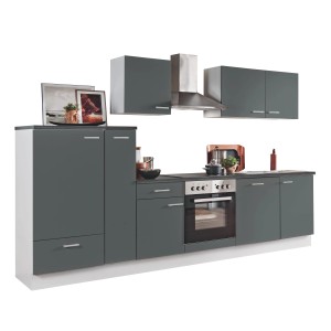 Menke Küchenzeile White Classic 310 cm in Graphit-Weiß mit E-Geräten und Hängeschränken.