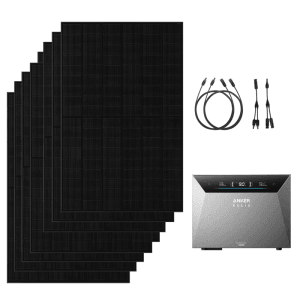 Anker Solix 4000W PV Komplettset: 8 schwarze Solarmodule, graue Solarbank E5000 Pro, Kabel.