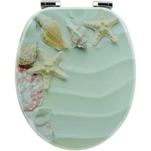 Sanfino WC-Sitz Beach Star mit Absenkautomatik, Holz, Sand-Optik mit Muscheln und Seesternen.