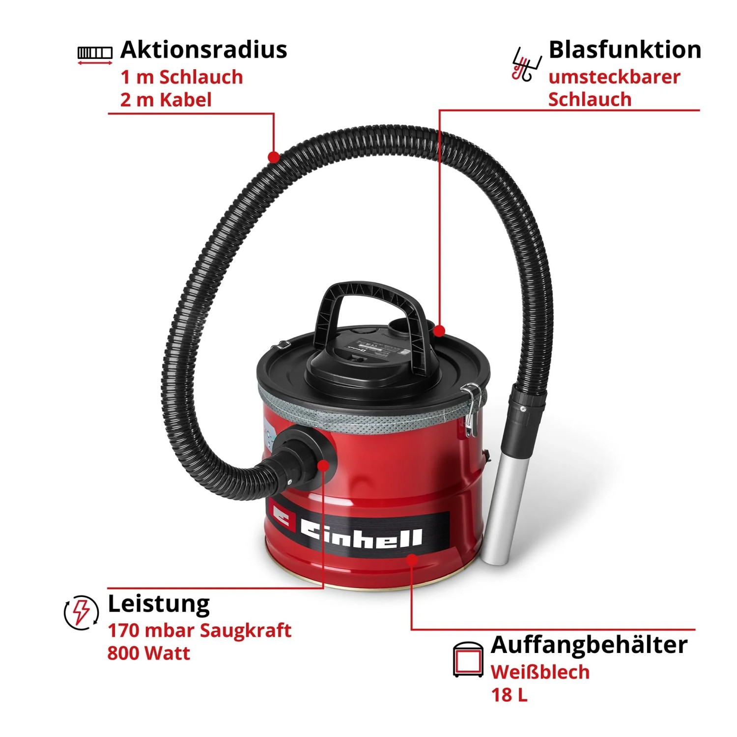 Einhell Aschesauger TC-AV 1830 D: Roter Aschesauger mit Schlauch und Metallsaugrohr.