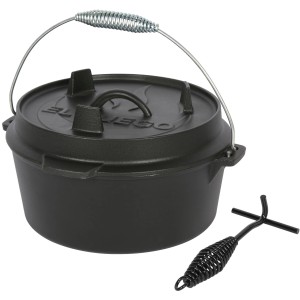 Schwarzer El Fuego Dutch Oven aus Gusseisen (3,5 l) mit Deckel (1 l) und Deckelheber. Grillutensil für Outdoor-Küche.