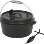 Schwarzer El Fuego Dutch Oven aus Gusseisen (3,5 l) mit Deckel (1 l) und Deckelheber. Grillutensil für Outdoor-Küche.