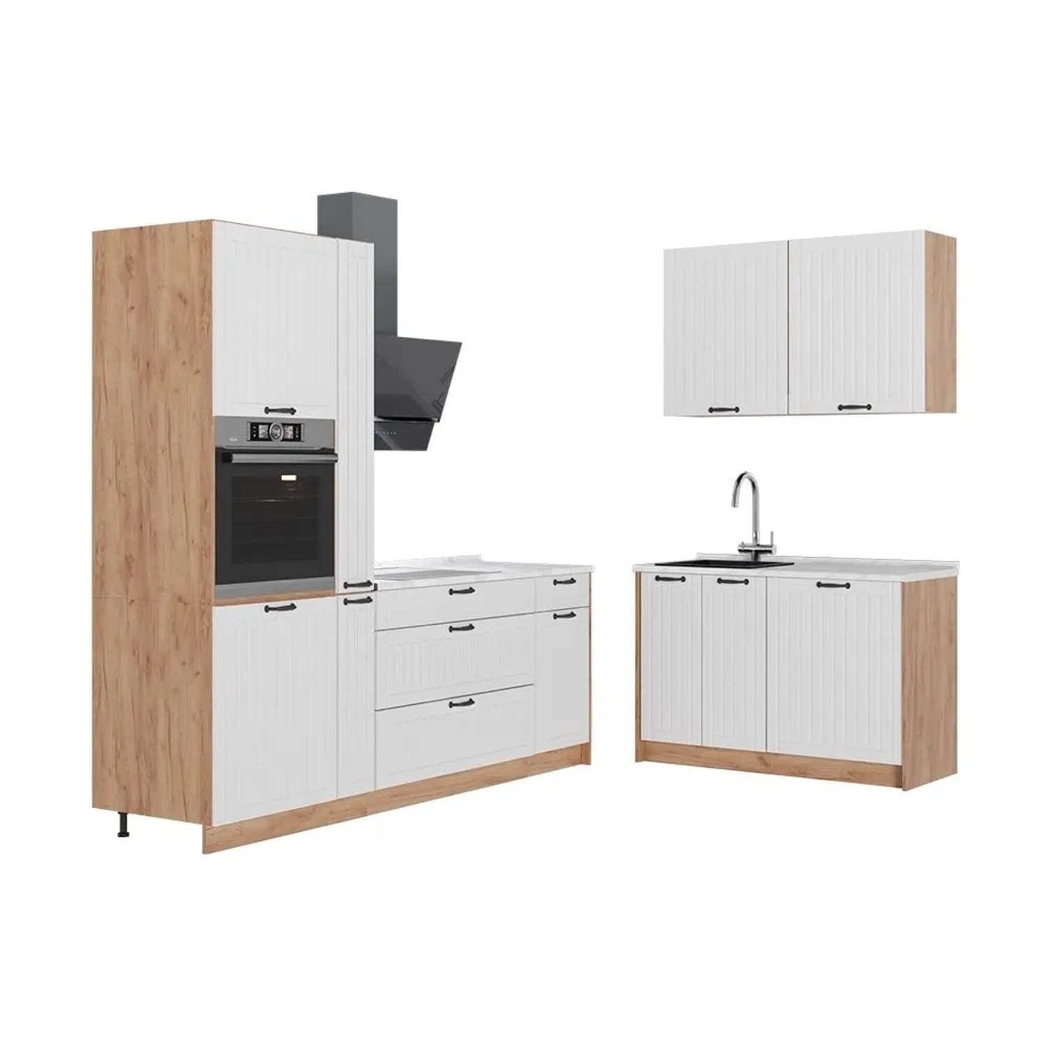 Vicco Küchenzeile Fame-Line Weiß Landhaus/Goldkraft Eiche 220 x 207 AP Marmor Art Nr 65001