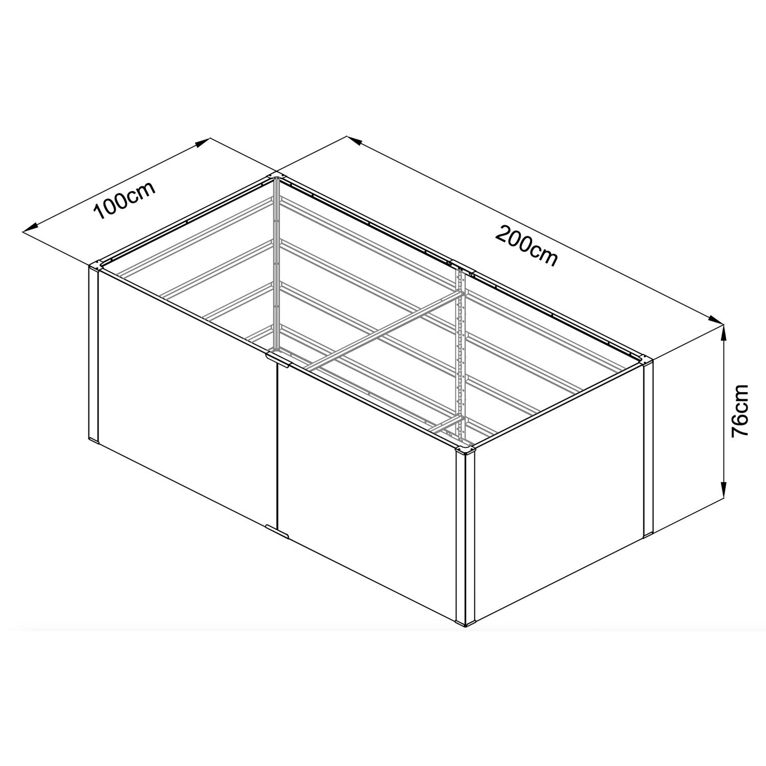 Floraworld Metall Hochbeet Twin-Wall, 100x76x200cm, Ansicht der Maße.