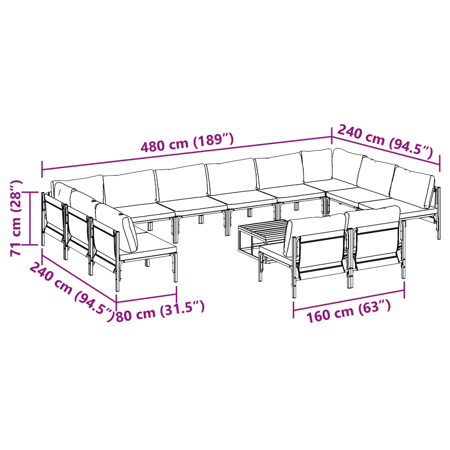 vidaXL Garten-Sofa-Set, 13-teilig, anthrazitfarben, Stahl, mit Maßen. Ideal für Garten und Terrasse.