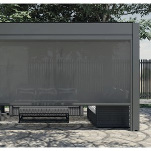 Graues Gardengate Rollo 268x225 cm mit Zip-Technologie und Fernbedienung für Terrassenüberdachung.