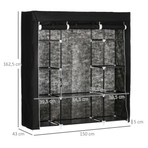 Schwarzer Stoffschrank (150x43x162,5cm) mit Kleiderstange und 10 Einlegeböden von HOMCOM.