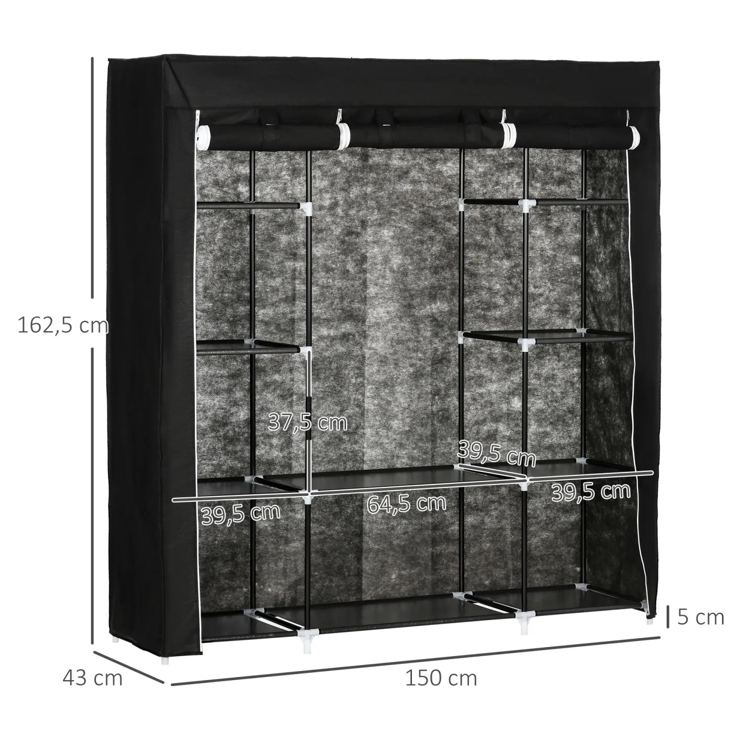 Schwarzer Stoffschrank (150x43x162,5cm) mit Kleiderstange und 10 Einlegeböden von HOMCOM.