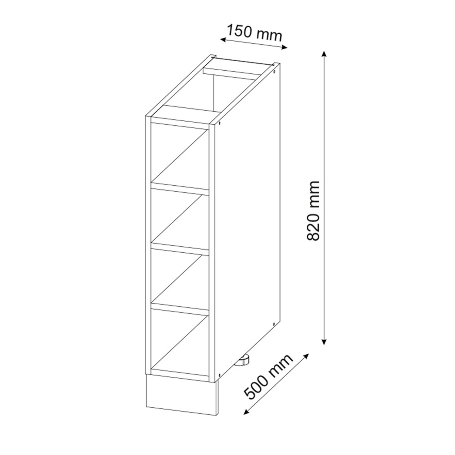 Skizze: Vicco Küchenregal Fame-Line, 15 cm breit, Eiche Goldkraft, ohne Arbeitsplatte, Maße eingezeichnet.