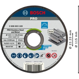 Bosch Trennscheibe für Edelstahl und Metall, Ø 115 mm, 1 mm dick, mit 22,23 mm Bohrung für Winkelschleifer.