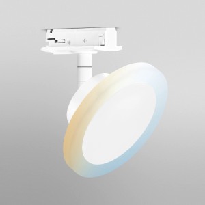 Weiße Ledvance Smart+ Schienenleuchte (Ø 12cm) mit dreh- und schwenkbarem Spot.