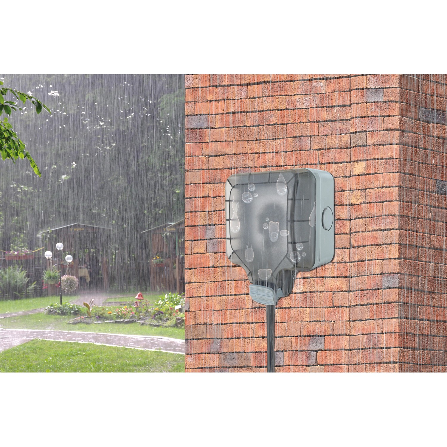 Schwaiger Aufputz-Außensteckdose, 1-fach, hellgrau, IP66, montiert an einer Ziegelwand im Regen.