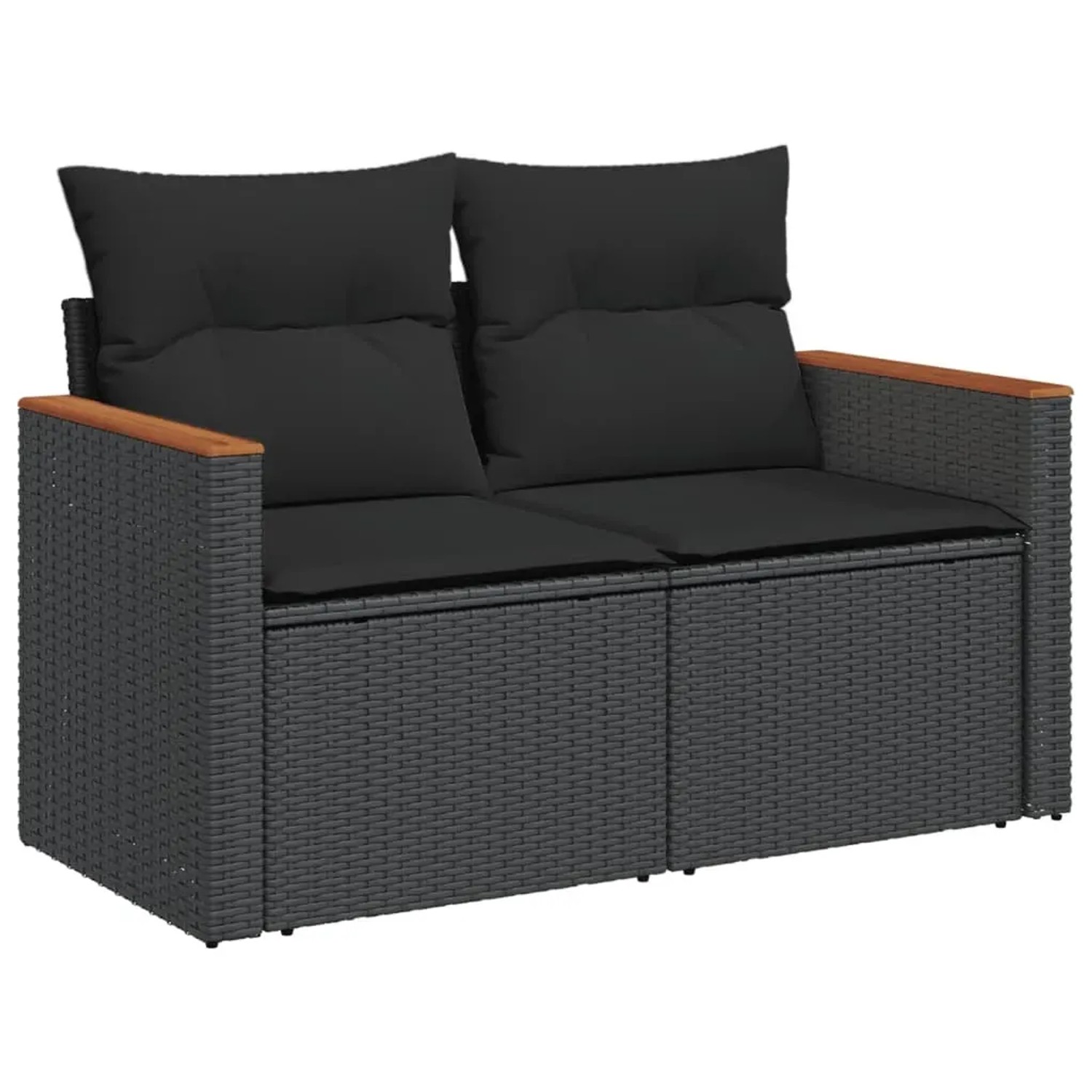 Schwarze 2-Sitzer Garten-Sofagarnitur aus Rattan mit Kissen. Teil der vidaXL Gartenmöbel-Kollektion.