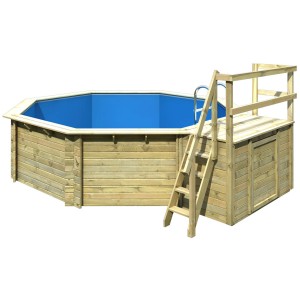Karibu Holzpool Set mit Sonnenterrasse, Leiter und blauer Innenfolie.