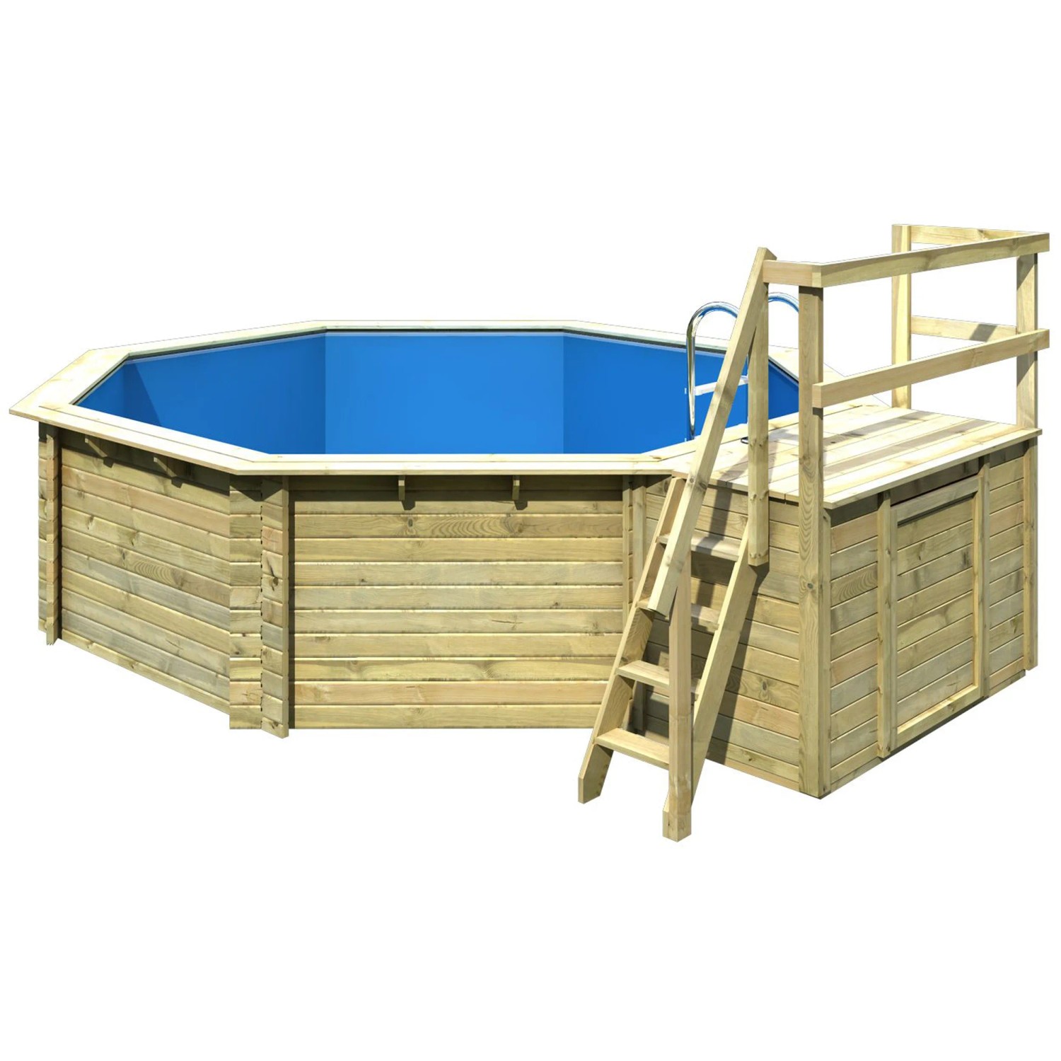 Karibu Holzpool Set mit Sonnenterrasse, Leiter und blauer Innenfolie.
