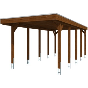 Skan Holz Einzelcarport aus lasiertem Holz in Nussbaum mit flachem Dach und Aluminiumplatten.