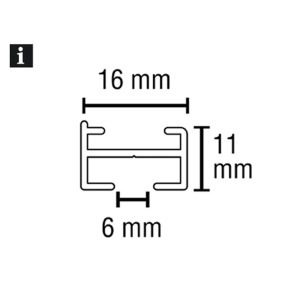 Querschnitt der Gardinia Vorhangschiene Lucy, silber, mit Maßangaben.