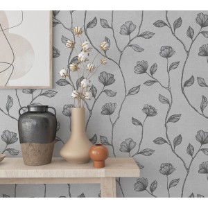 Graue Marburg Vliestapete GZSZ mit floralem Blumenmuster, passend zur TV-Serie. FSC®-zertifiziert.
