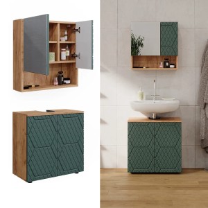 Vicco Badmöbel-Set Irma, 2-teilig, Eiche/Grün: Unterschrank und Spiegelschrank für Ihr Badezimmer.