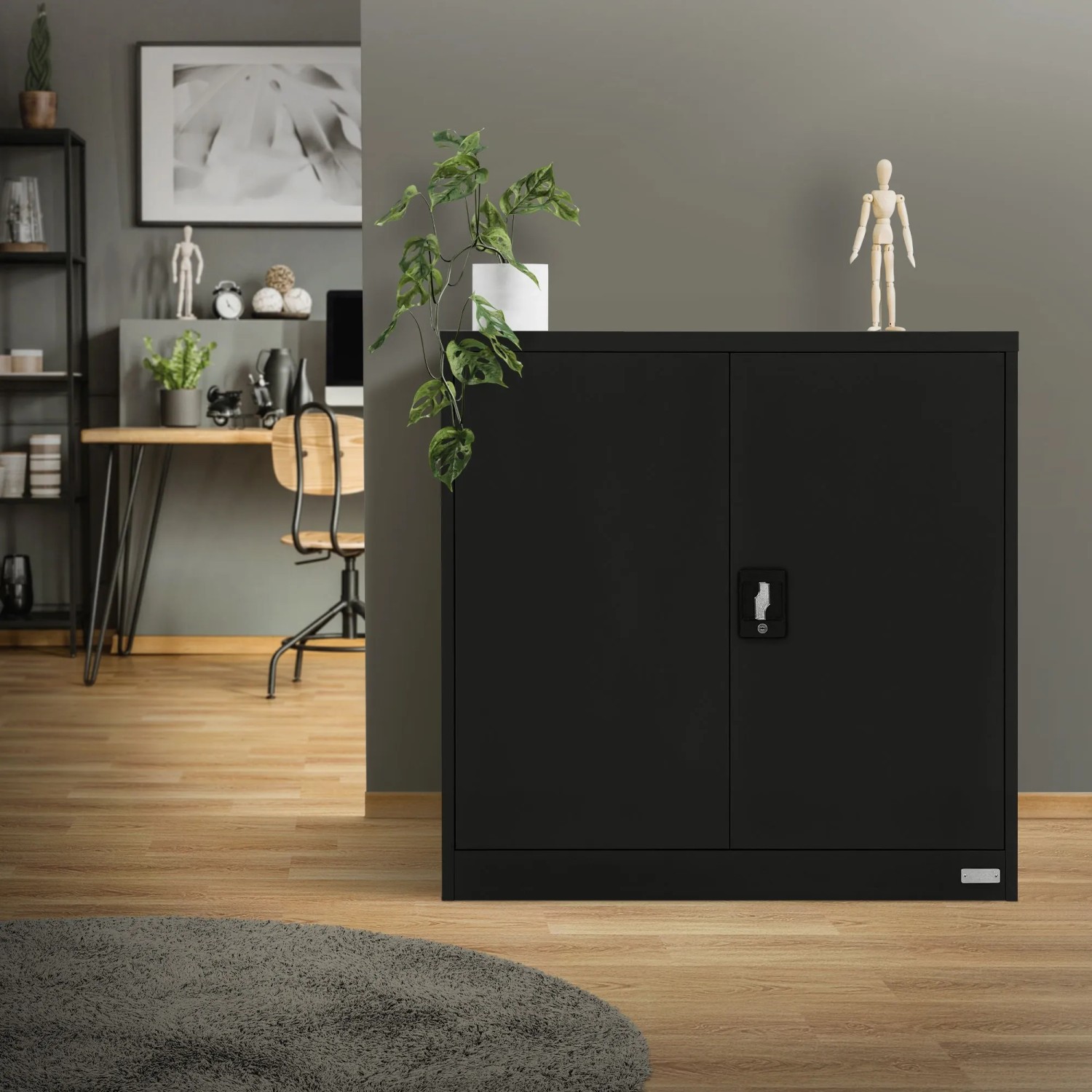 Schwarzer ML-Design Aktenschrank aus Stahl, abschließbar, 90x40x90 cm, 2 Türen. Büroschrank für Büro.