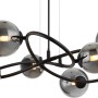 Moderne LED-Pendelleuchte Riha, 6-flammig, schwarz matt mit rauchfarbenen Glaskugeln.