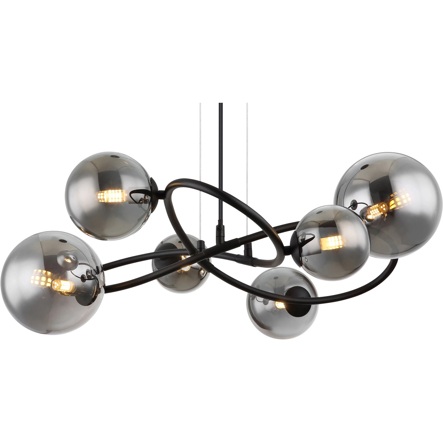 Moderne LED-Pendelleuchte Riha, 6-flammig, schwarz matt mit rauchfarbenen Glaskugeln.