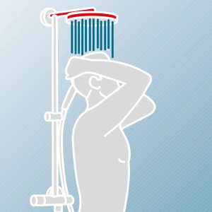 Illustration eines Mannes unter einer Schulte Rain Classic Duscharmatur mit runder Kopfbrause.