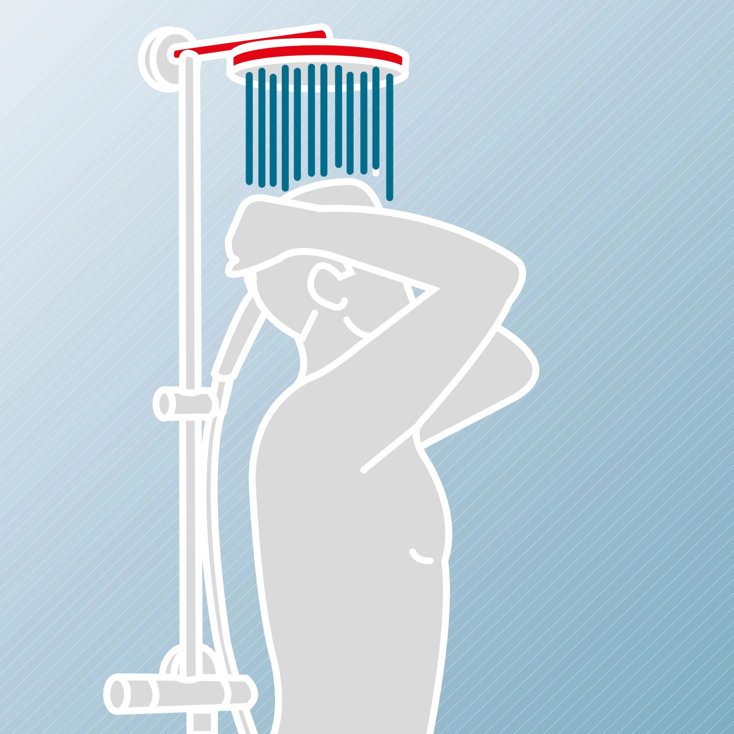 Illustration eines Mannes unter einer Schulte Rain Classic Duscharmatur mit runder Kopfbrause.