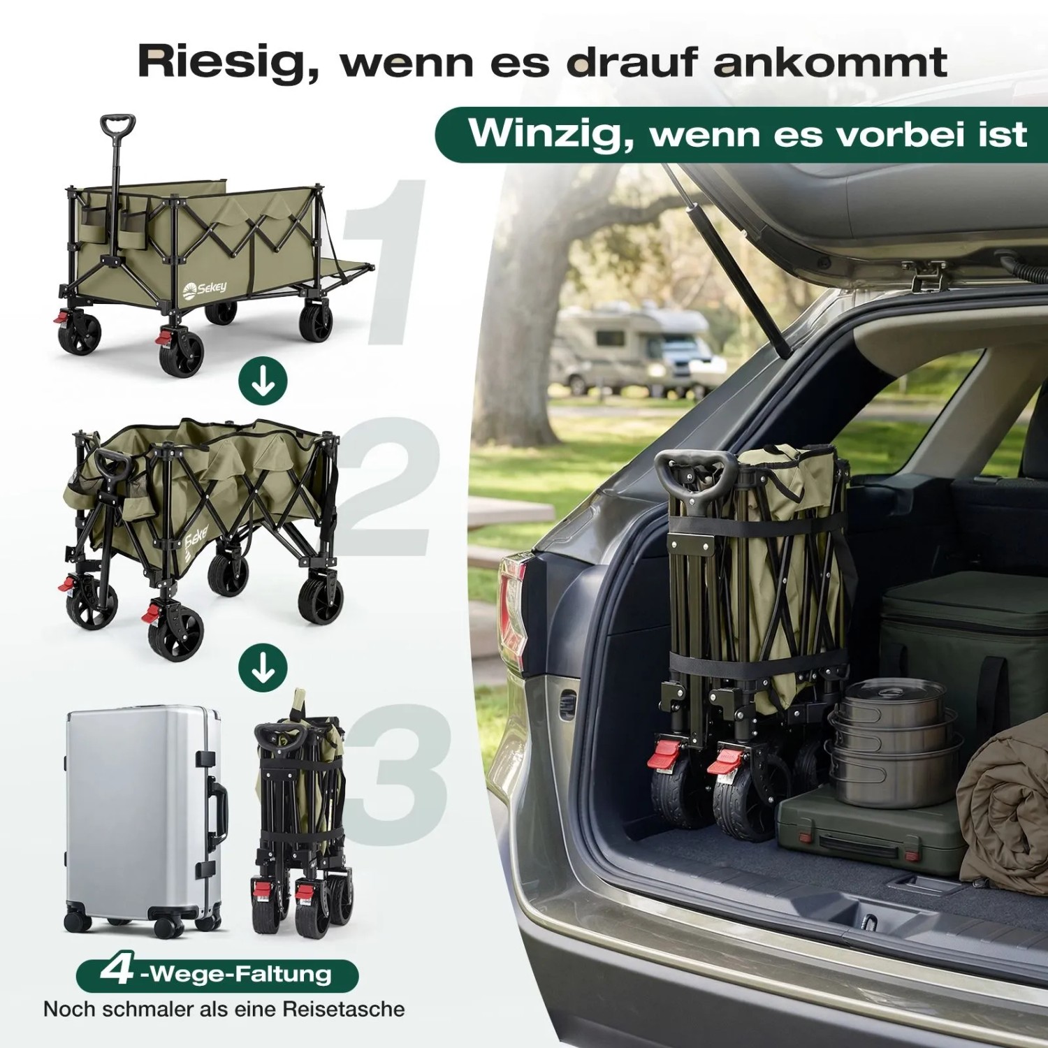 Sekey Bollerwagen, faltbar, olivgrün, mit Heckklappe, 4-Wege-Faltung, für Camping & Freizeit.