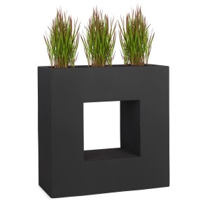 Anthrazitfarbener Pflanzwerk Pflanzkübel Vista mit quadratischer Aussparung und Bepflanzung.