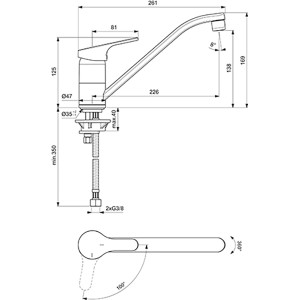 Technische Zeichnung: Ideal Standard Cerafit BlueStart Küchenarmatur, Chrom, mit Maßangaben.