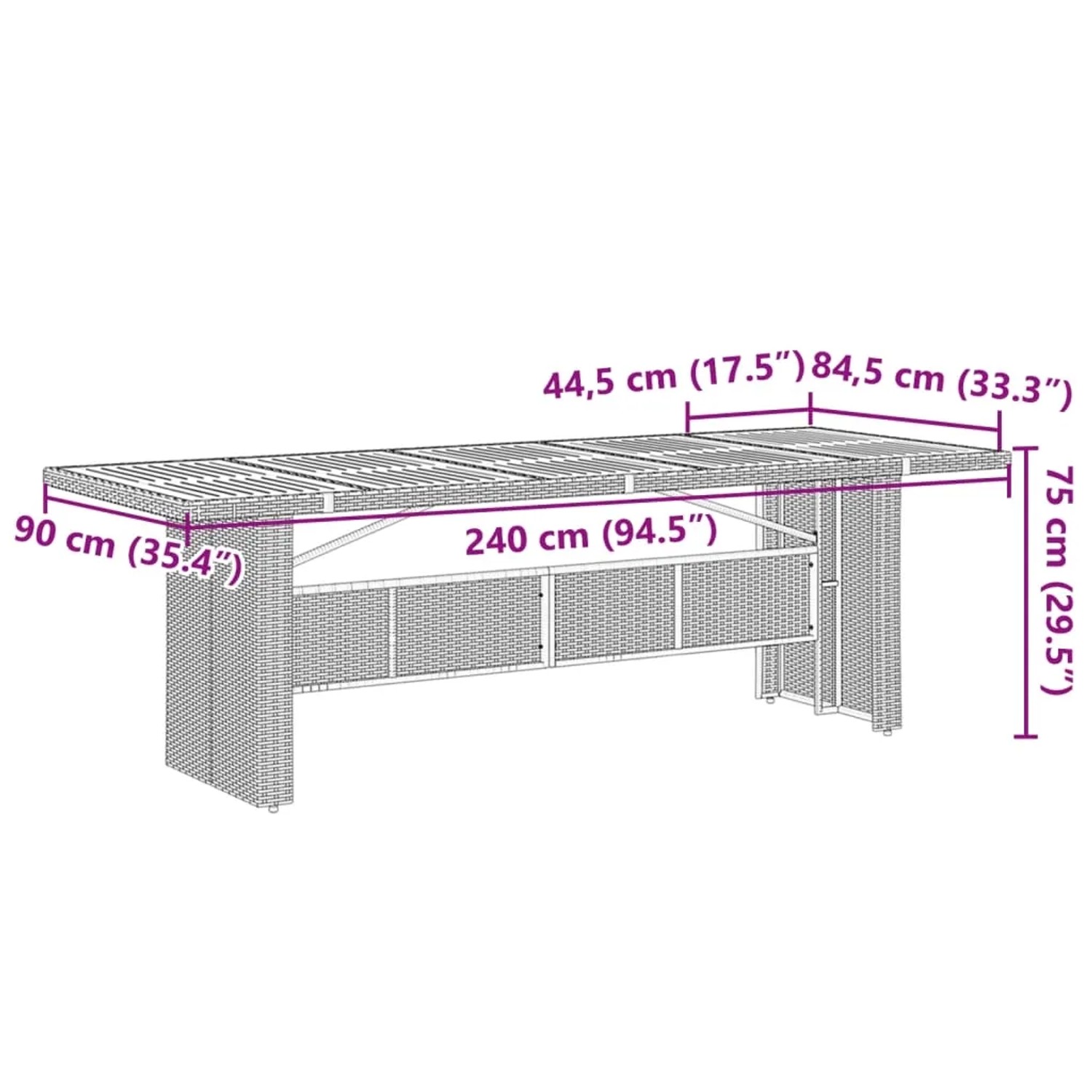 vidaXL Garten-Essgruppe, 9-teilig, grau, Poly Rattan, mit Maßangaben zum Tisch.