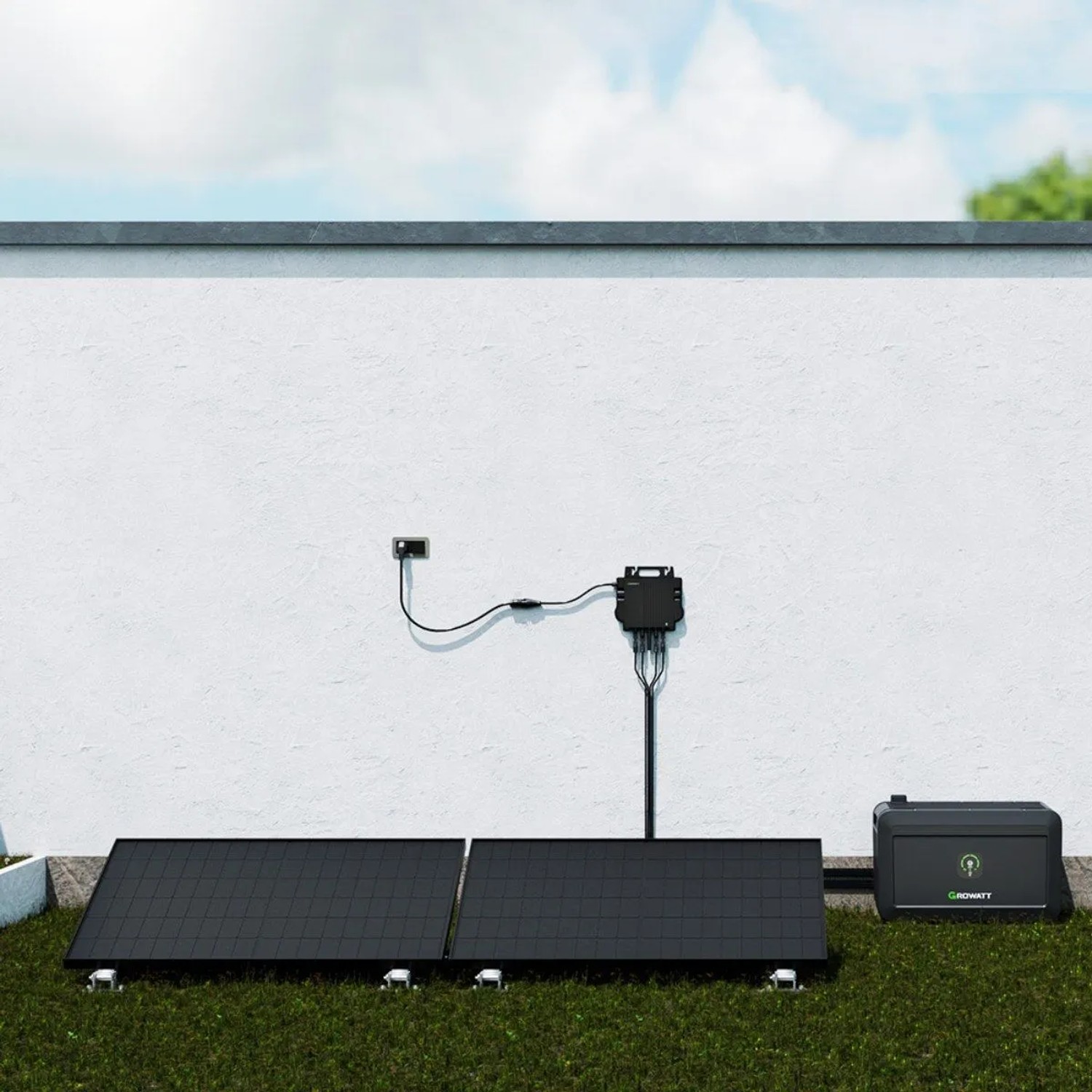 Growatt NOAH 2000 Solarspeicher mit zwei Solarmodulen für Balkonkraftwerk.
