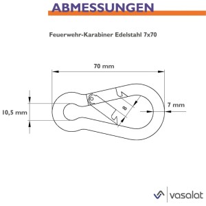 Skizze eines Edelstahl Karabiners 7x70 mm mit Maßangaben, Teil des Karabiner-Sets.