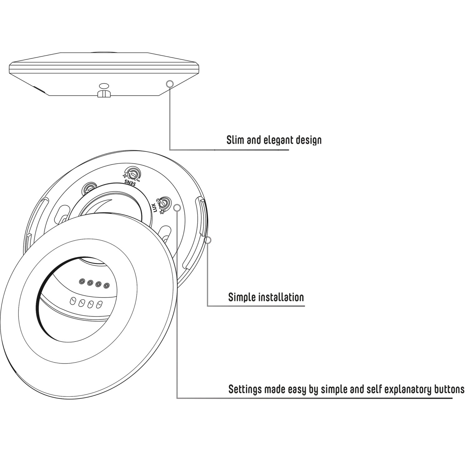 Skizze eines weißen LED Deckensensors mit Bewegungsmelder zur Deckenmontage.
