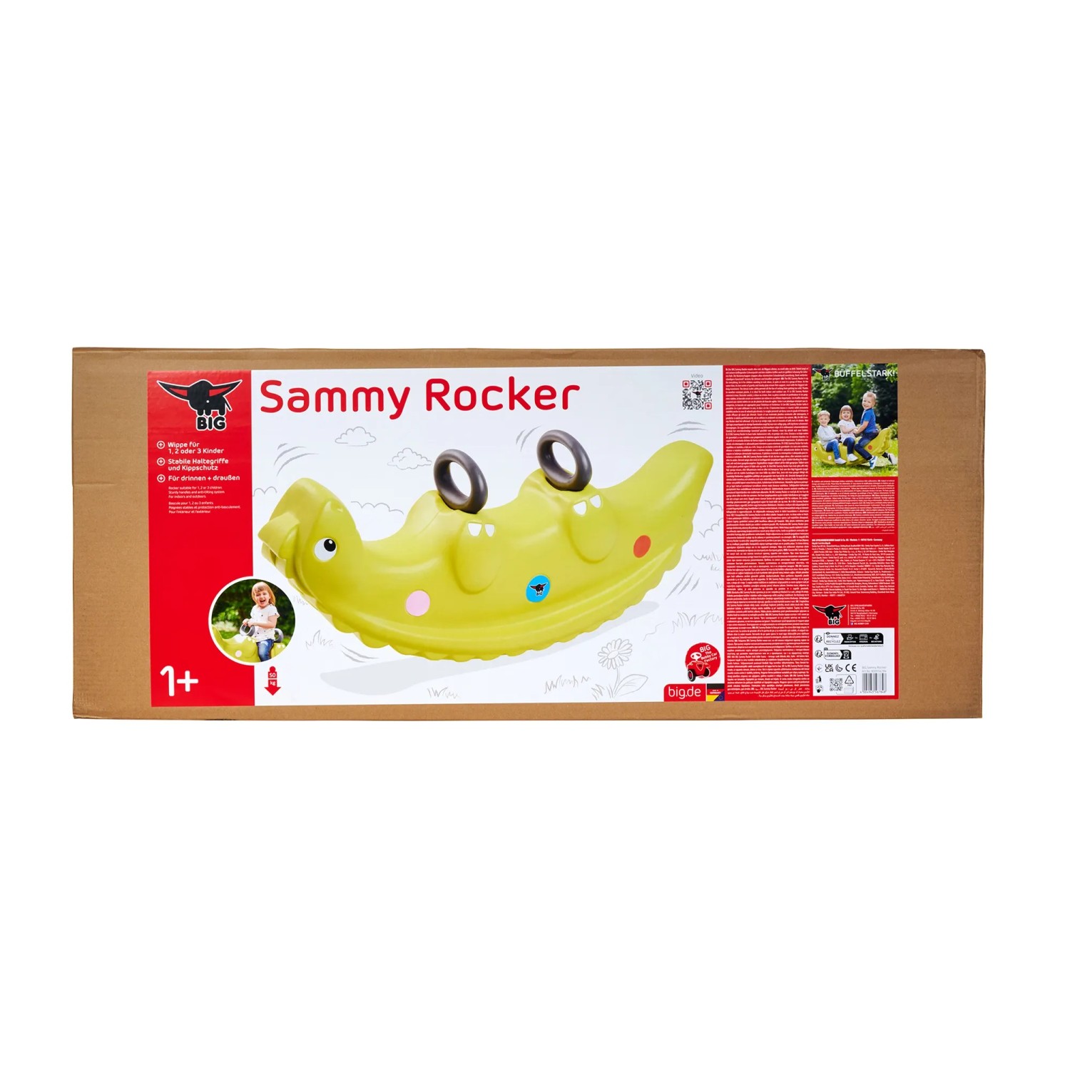 BIG Kinderwippe Sammy Rocker in Verpackung, gelbe Krokodil-Form mit Griffen für sicheren Halt.