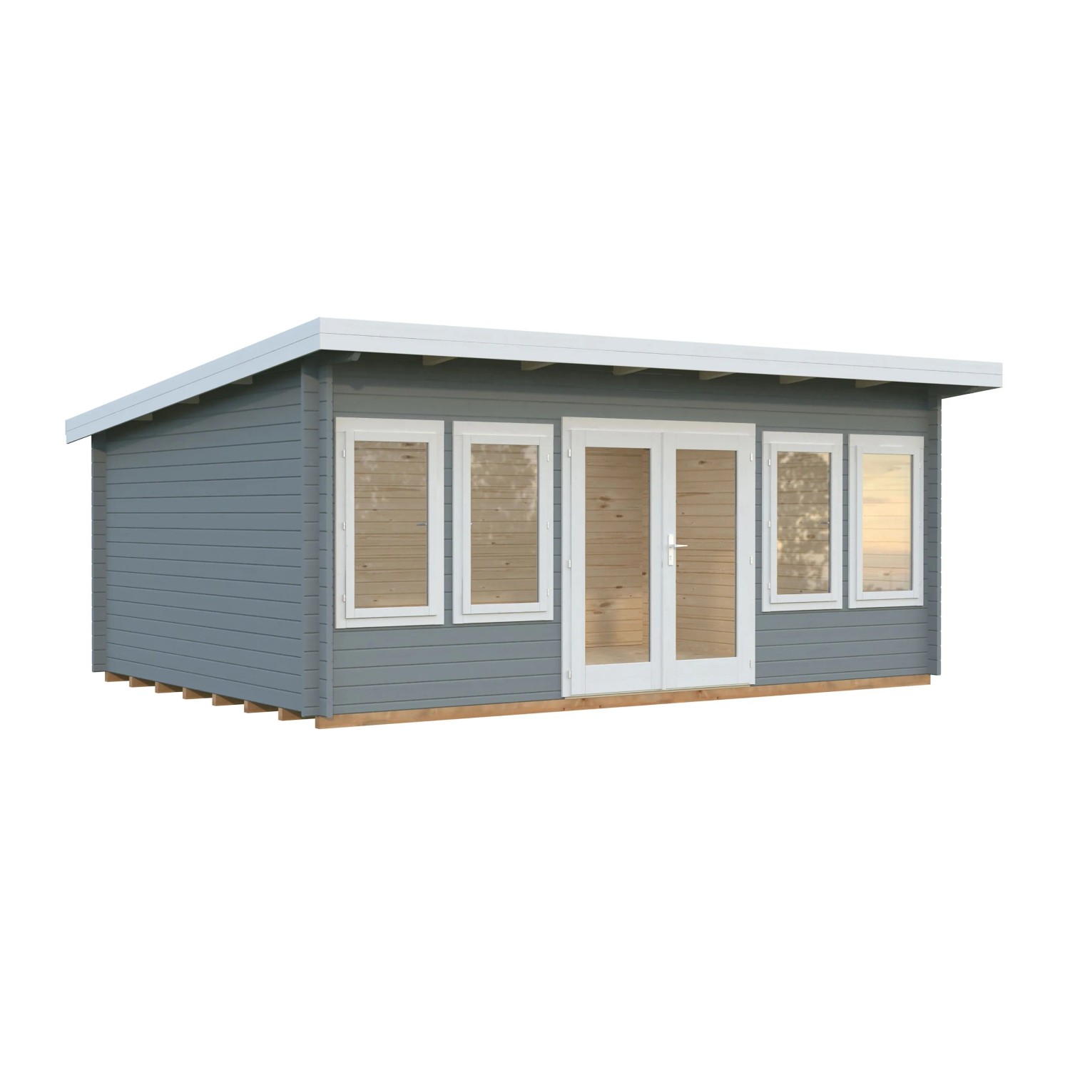 Palmako Gartenhaus Lisa, 530x380 cm, grau-weiß lackiert. Holz-Gartenhaus mit Doppeltür und Fenstern.