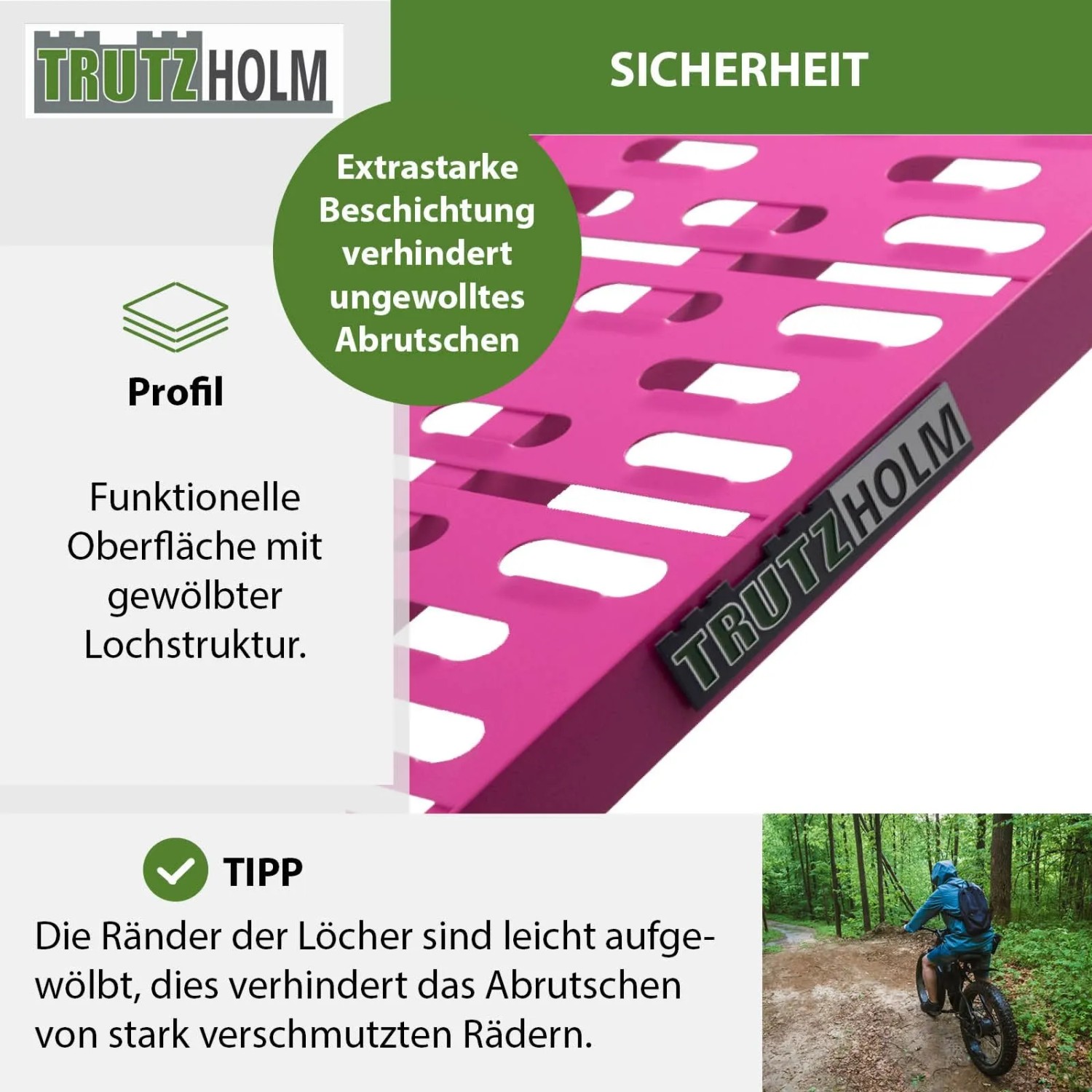 Detailansicht TRUTZHOLM Auffahrrampe, pink, gelochte Oberfläche für sicheren Halt.