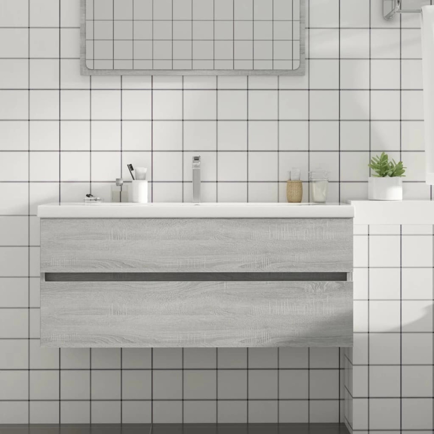 vidaXL Waschbeckenschrank, Grau Sonoma, 100x38,5x45 cm, Holzwerkstoff, mit Schublade, zur Wandmontage.