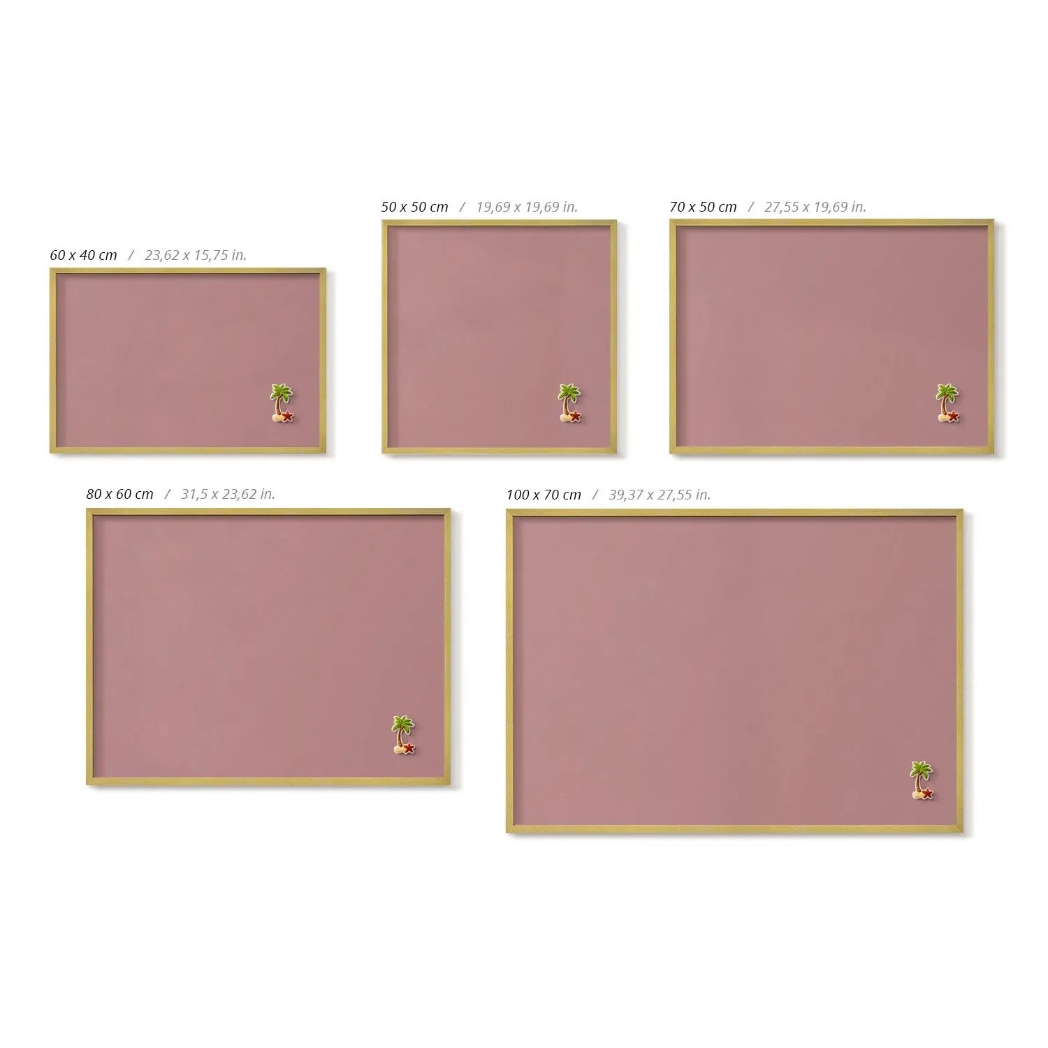 Fünf Tulup Magnettafeln in Pastellrosa mit Goldrahmen, verschiedene Größen. Ideal für Notizen und Reisemagnete.