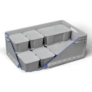 Graue Eurobox mit acht grauen Einsatzkästen 1/8 mit Drehstapelfunktion. Ideal zur Aufbewahrung und Ordnung.