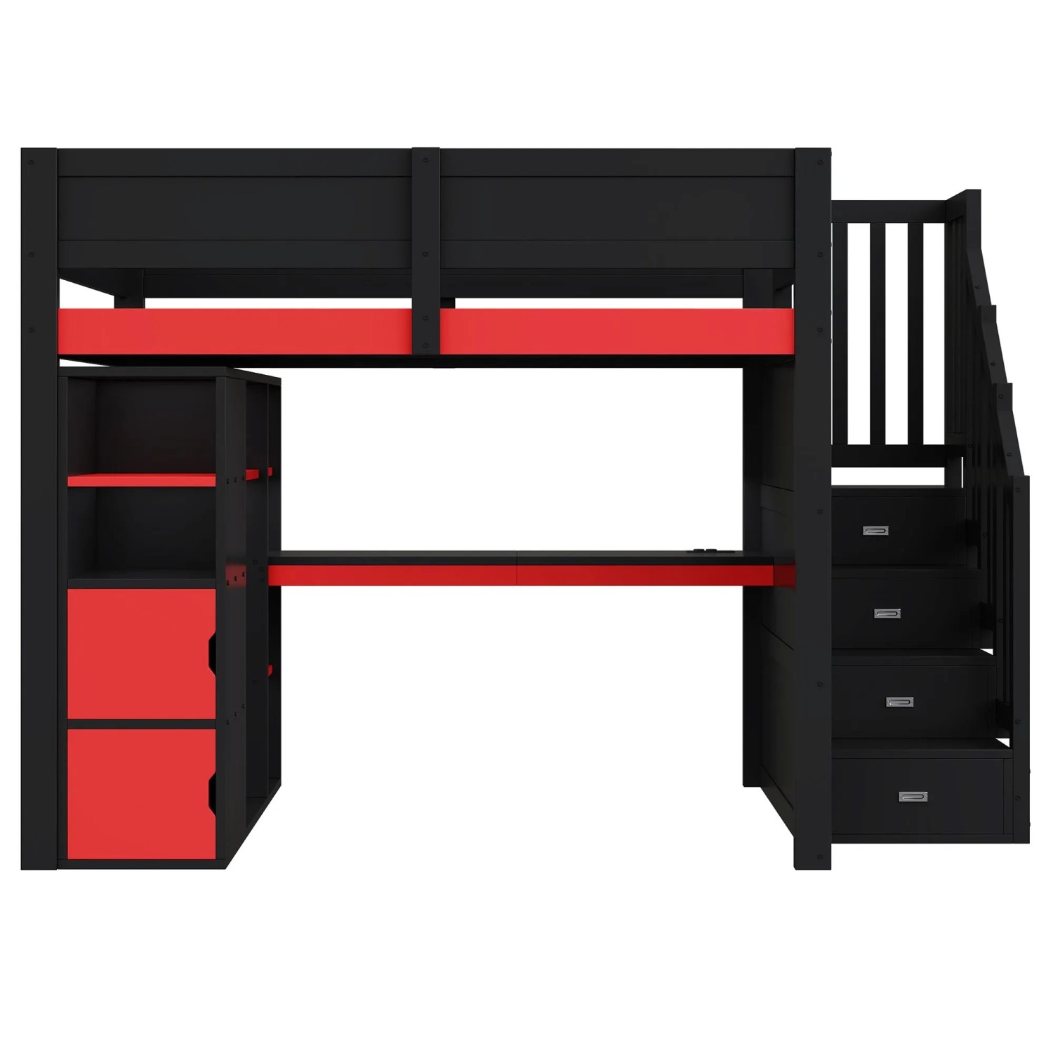 Merax Gaming Holz Hochbett 140x200 cm Mit Schreibtisch Stauraum Treppe USB LED Schwarz Rot