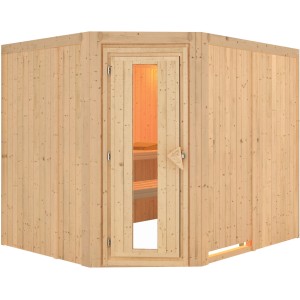 Karibu Sauna Natur, Elementsauna aus Fichte mit Glastür und Liegen.