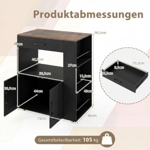 Schwarzer Costway Küchenwagen mit brauner Arbeitsplatte, Schublade, Schrank, Regalen. Maße und Belastbarkeit 105 kg gezeigt.