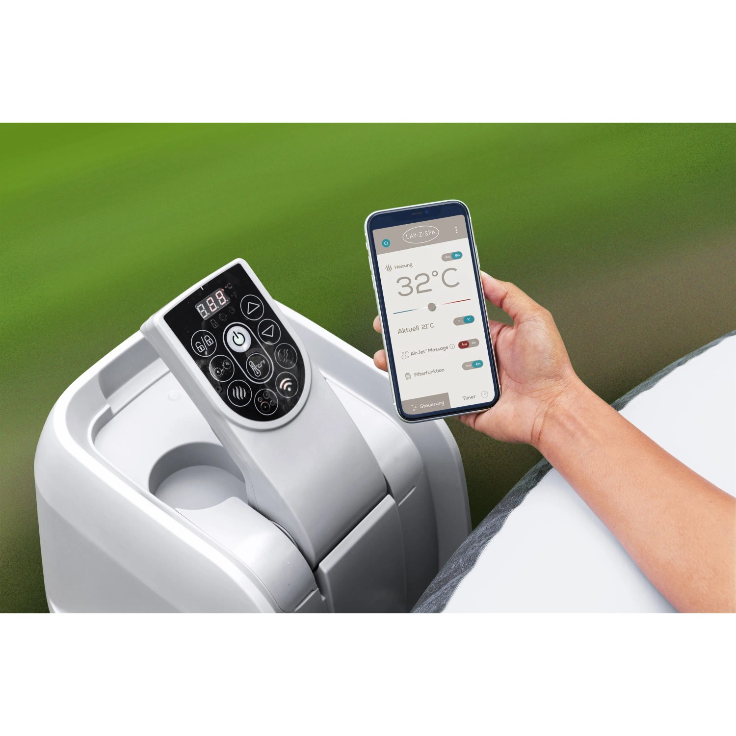 Bestway Whirlpool San Francisco Steuerung per App auf Smartphone. Temperaturanzeige 32°C.