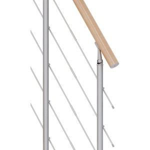 Detailaufnahme: Geländer der Dolle Mittelholmtreppe Basel, Buche/Perlgrau, mit Edelstahlstäben.