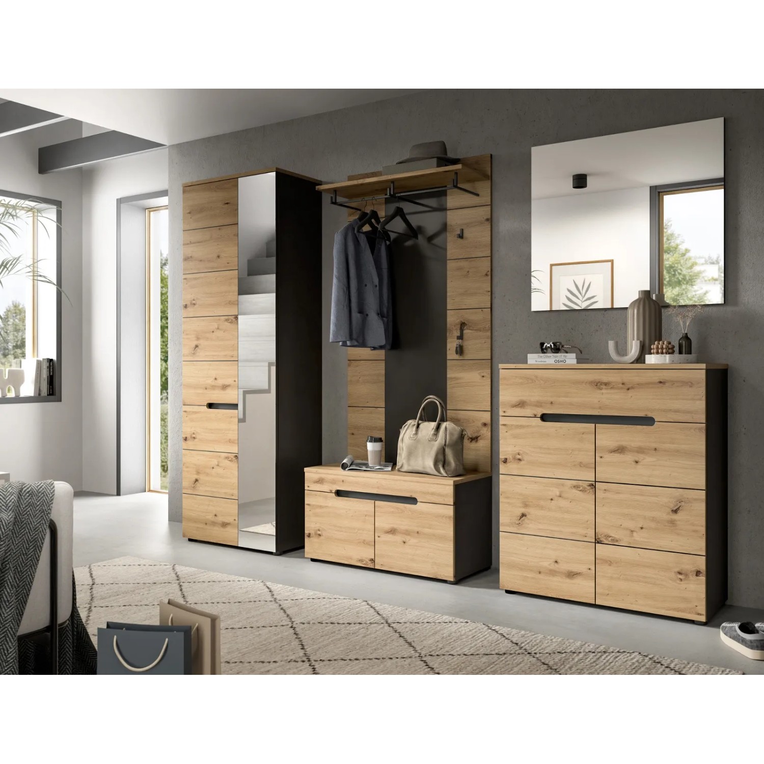 Inn.Furn Garderoben-Set 3-teilig in Eiche und Grau 160 cm Cooper_7